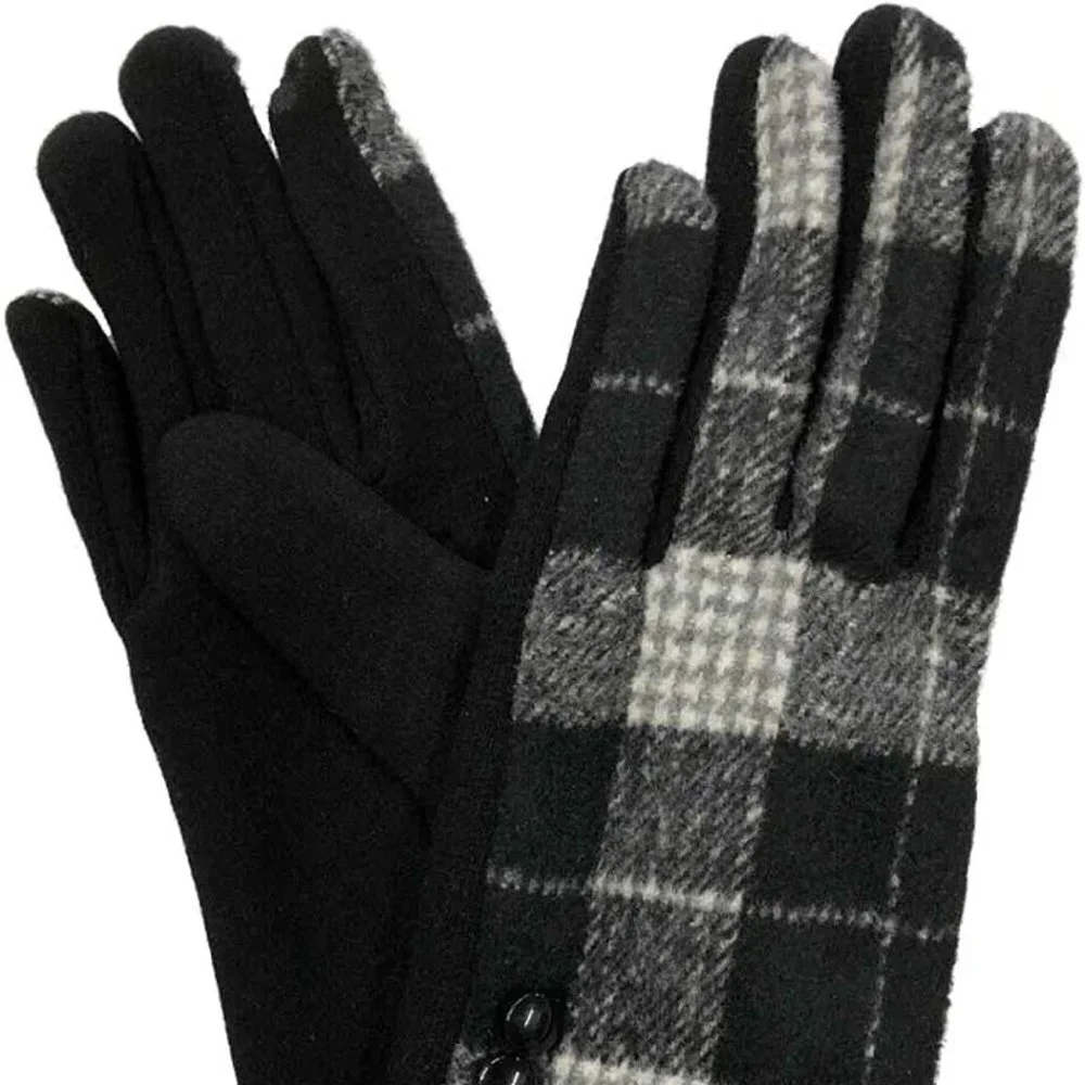 Black Button Plaid Smart Gloves Fleece Lined Smart Touch Text Friend